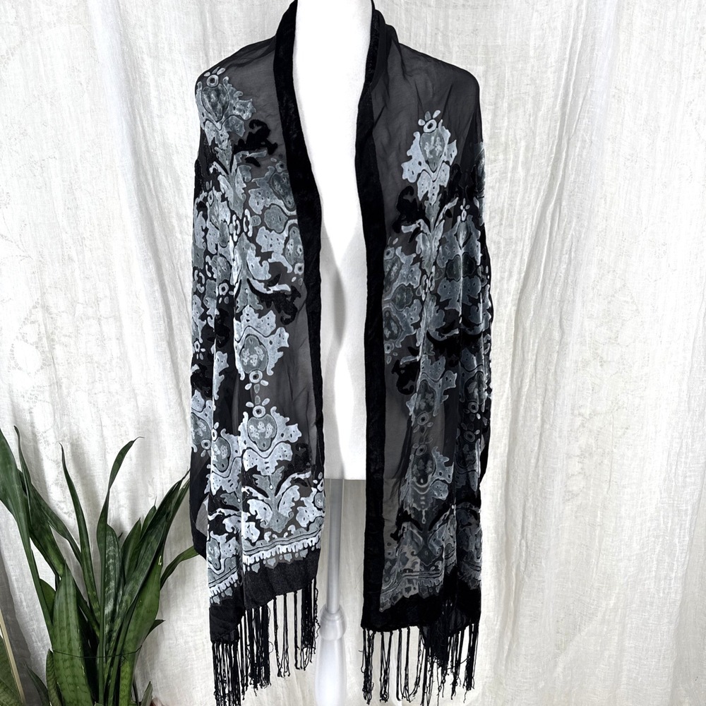 Velvet Burnout Fringe Scarf Wrap Dark Romantic Whimsigoth Boho Fairy Grunge Long